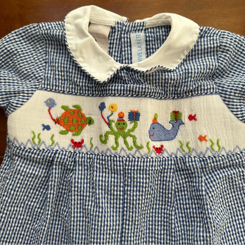 Vive Le Fete - Blue and White Gingham Smocked Romper 18months- Party Animals - Picture 2 of 5
